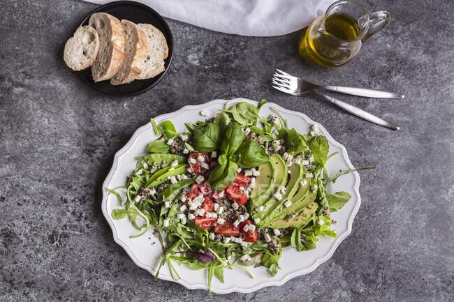 Quinoa salad with rocket, avocado, feta cubes, sugar snaps and tomatoes — Stock Photo