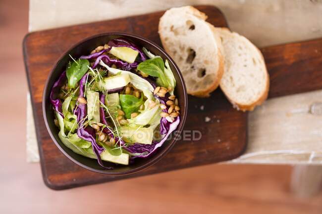Veganer Salat (Einkorn, Rotkohl, Eisbergsalat, Feldsalat, Gurkenstäbchen)) — Stockfoto