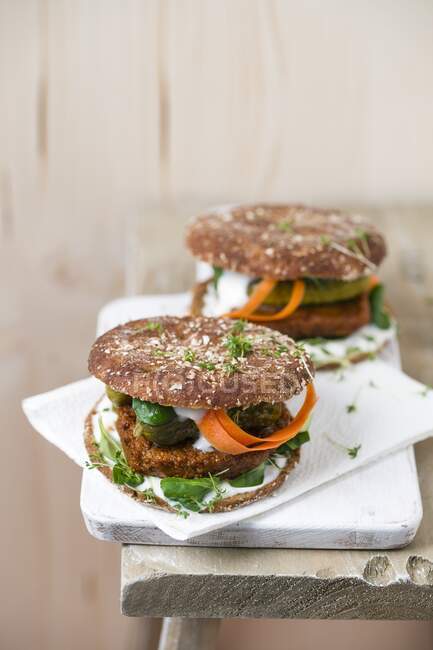 Veganer Burger mit Tofu-Patty, Gurken, Feldsalat, Karotte und Kresse — Stockfoto
