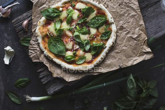 Homemade pizza with tomato, bocconcini and basil — Stock Photo