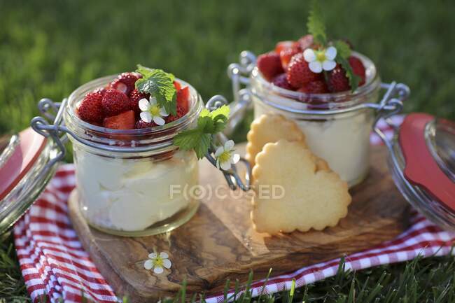 Lemon and vanilla mascarpone cheese in a jar with strawberries and cookies — Stock Photo