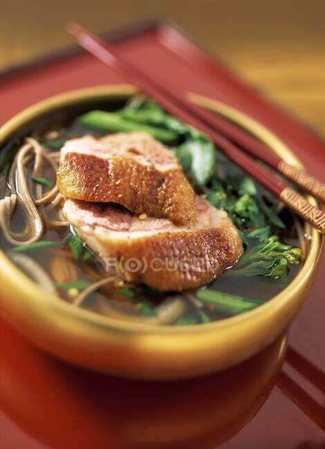 Bowl of duck and noodle soup in oriental setting — Stock Photo