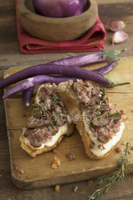Bruschetta with mozzarella, salsiccia and long, thin aubergines — Stock Photo