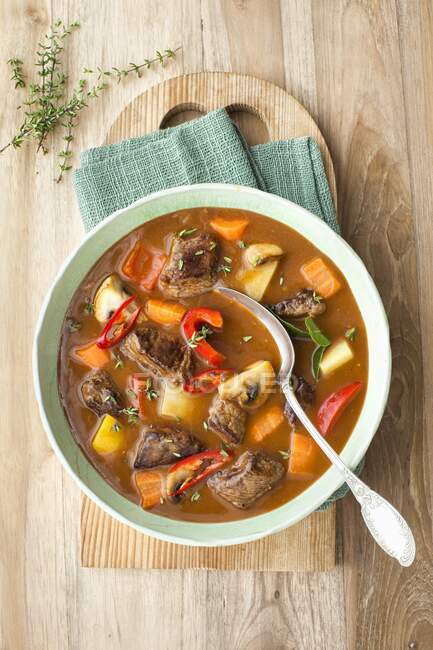 Fiery goulash soup with peppers and mushrooms — Stock Photo