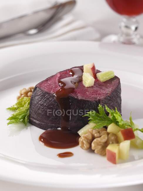 Medallion of venison red wine marinade editorial food — Stock Photo
