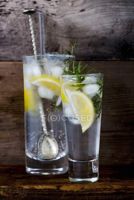 Gin and tonic with lemon, ice cubes and rosemary — Stock Photo
