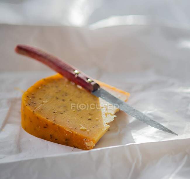 A slice of Gouda with caraway seeds — Stock Photo