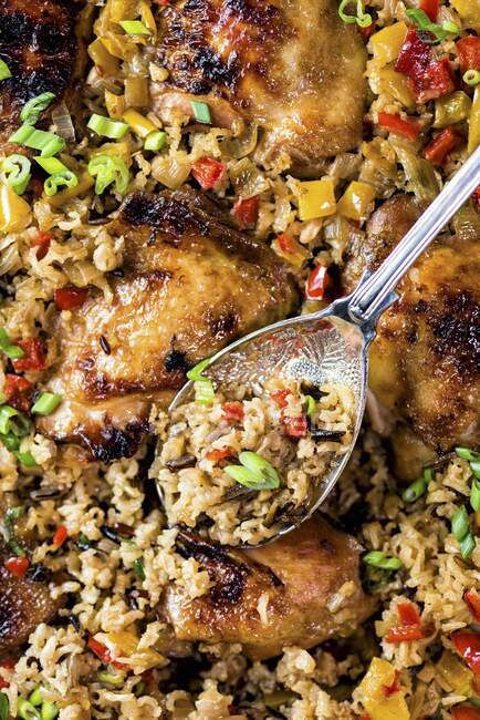 Chicken with rice, peppers and spring onions — Stock Photo