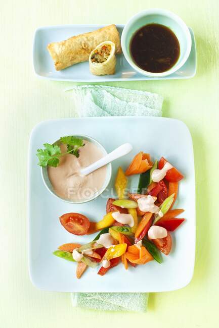 Asian salad and spring rolls with a dip — Stock Photo