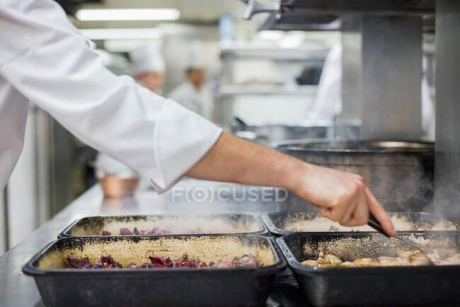 Un chef en una cocina de restaurante - foto de stock