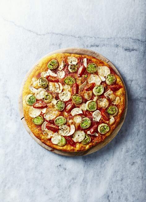 Leek and garlic pizza with cherry tomatoes and mozzarella — Stock Photo