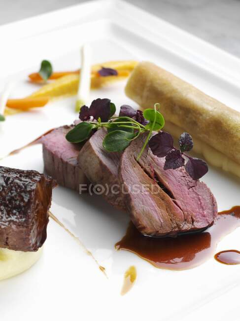 Gourmet beef meal by Andy Taylor of Tailormade food — Stock Photo