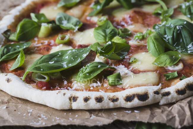 Pizza caseira com tomate, bocconcini e manjericão (close-up) — Fotografia de Stock