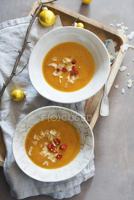 Sweet potato soup with coconut for Christmas — Stock Photo