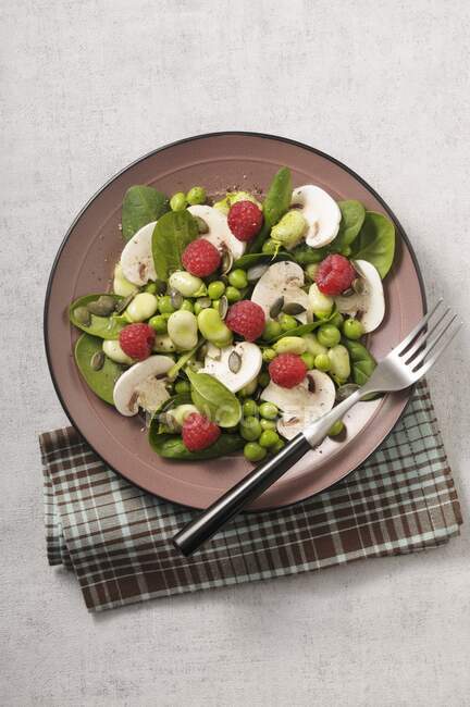 A mushroom salad with spinach, beans, peas and raspberries — Stock Photo
