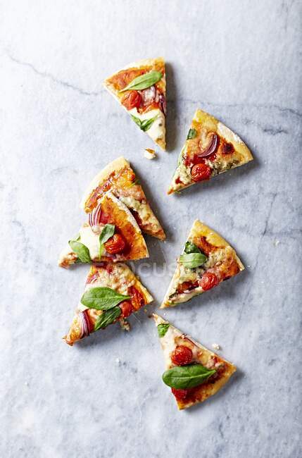 Fette di mozzarella e pizza gorgonzolla con foglie di spinaci — Foto stock
