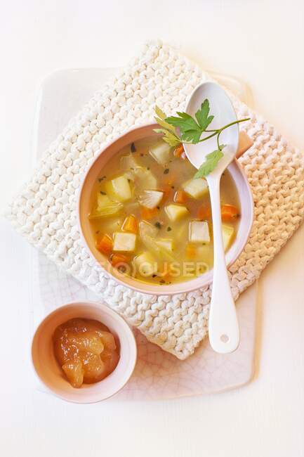 Potato soup with quince jelly and carrot — Stock Photo