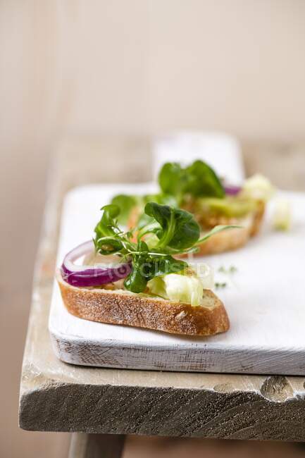 Baguette slices with olive oil and salad (lamb's lettuce, cress, onion, iceberg lettuce, einkorn) — Stock Photo