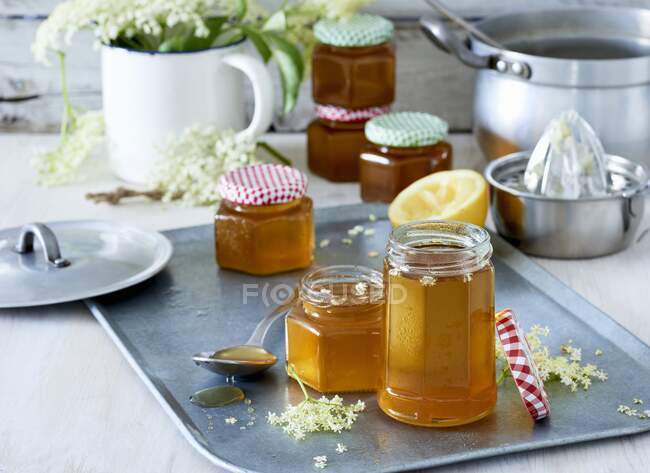 Elderberry jelly in glass jars — Stock Photo