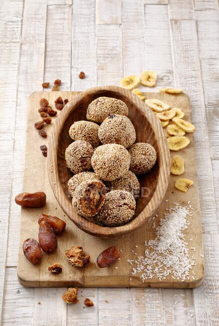 Fruit bread balls with sesame seeds and coconut — Stock Photo