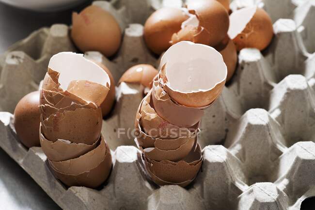 Скорлупа яиц и целые яйца в бумажной коробке — стоковое фото