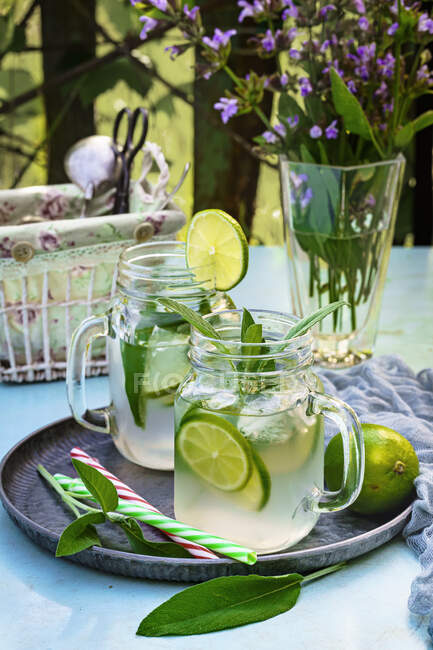 Lime and sage infused water with ice — Stock Photo