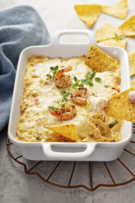 Spicy cheese and shrimp dip with tortilla chips — Stock Photo