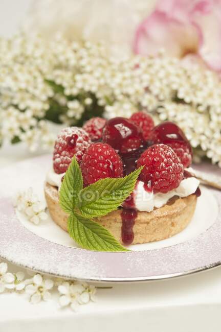 A fresh rasberry tart with a rasberry leaf with rose and hawthorn flowers — стокове фото