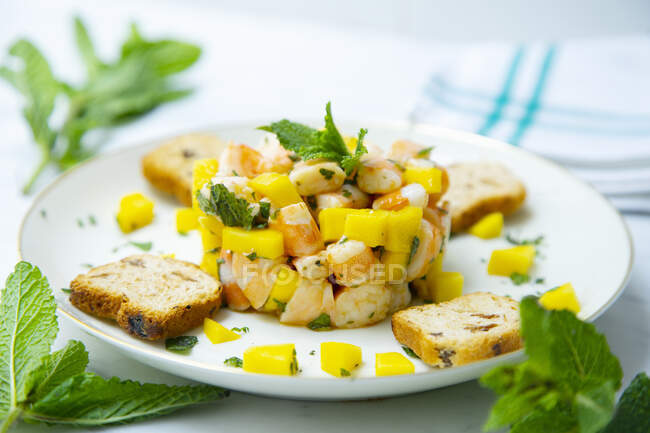 Shrimp tartar with mango and mint — Stock Photo