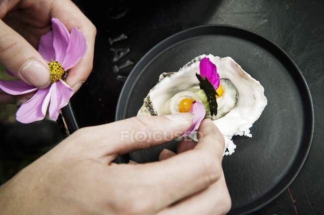 Eine Auster, die mit Blütenblättern verziert wird — Stockfoto