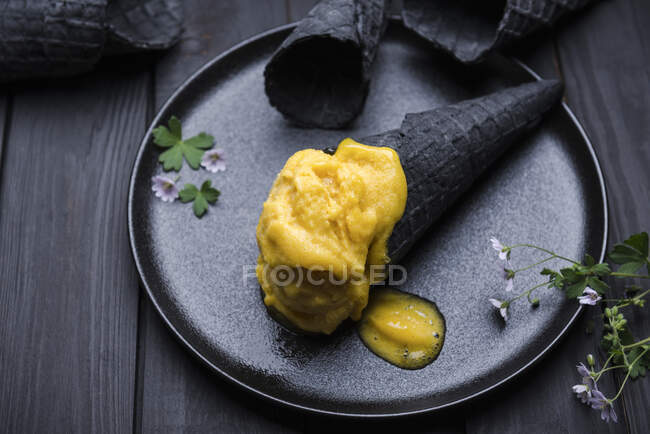 Vegan mango sorbet in a black waffle cone — Stock Photo