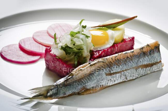 Labskaus with herring and a fried egg (Hamburg, Germany) — Stock Photo