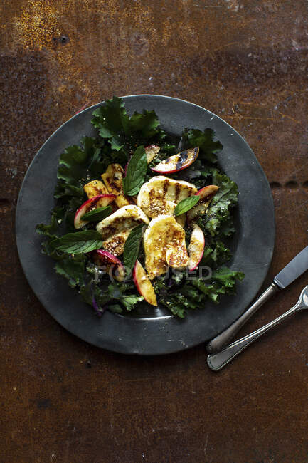 Kale salad with chicken and apple, top view — Stock Photo