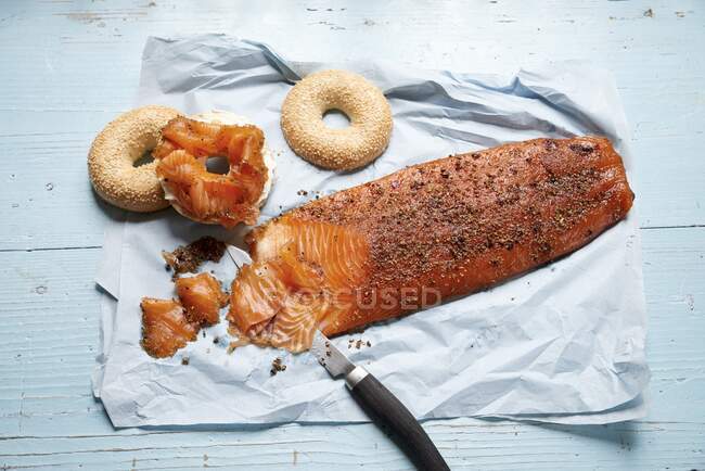 Pastrami salmon and bagels — Stock Photo
