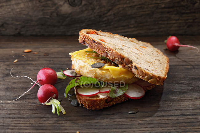 Un sándwich con apio, rábanos y queso - foto de stock