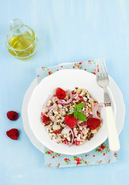 Barley salad with tuna, raspberries and red onion — Stock Photo