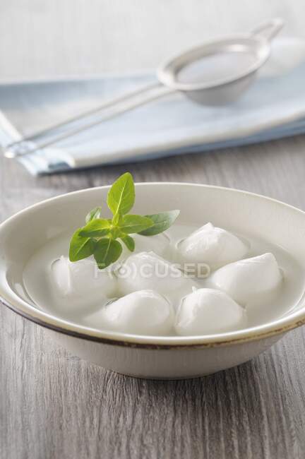 Mozzarella in a ceramic bowl — Stock Photo