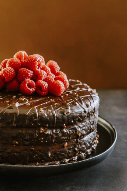 Шоколадний торт з належним шаром де лече, вершковим кремом, ганашем і малиною — стокове фото