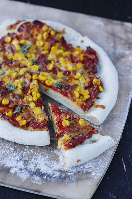 Gluten free pizza with corn and thyme — Stock Photo