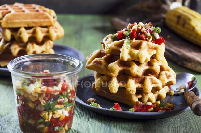 Cornmeal and polenta waffles with Pico de Gallo — Stock Photo