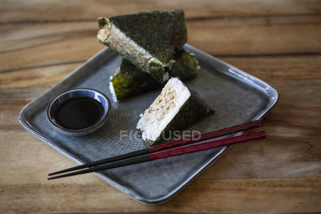 Onigiri on plate close-up view — Stock Photo