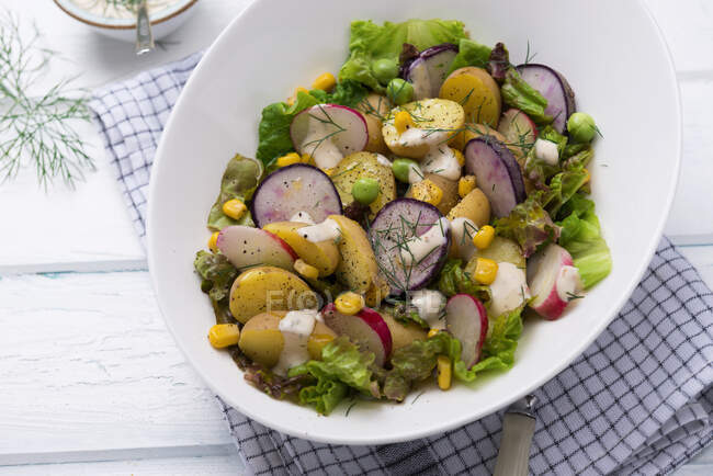Картопляний салат з редькою, салатом та веганським йогуртом — стокове фото