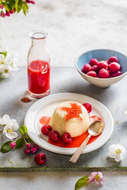 Pannacotta with fresh raspberries and raspberry sauce — Stock Photo