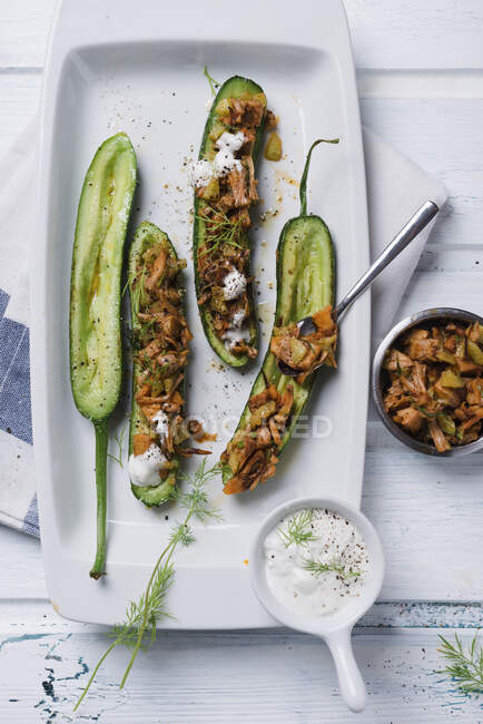 Mini braising cucumbers filled with pulled jackfruit and a vegan dill cream dip — Stock Photo