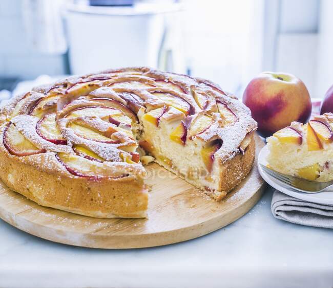 Peach Cake with Slice Removed — Stock Photo