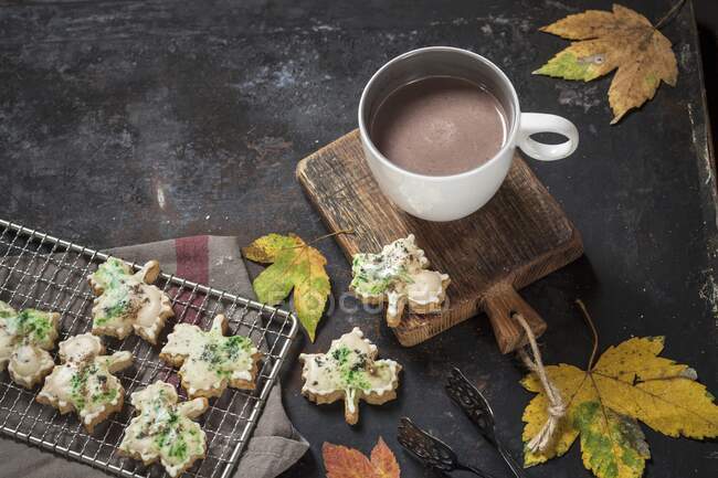 Biscuits automnaux à l'érable avec sirop d'érable et une tasse de chocolat chaud — Photo de stock