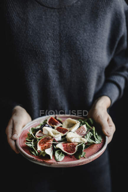 Salad with figs baked goat cheese and spinach — Stock Photo