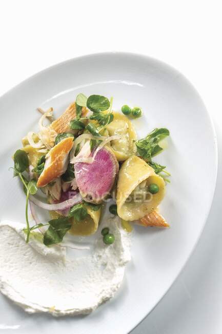 Smoked Trout Salad with Spring Pea Ravioli shot from above on white — Stock Photo