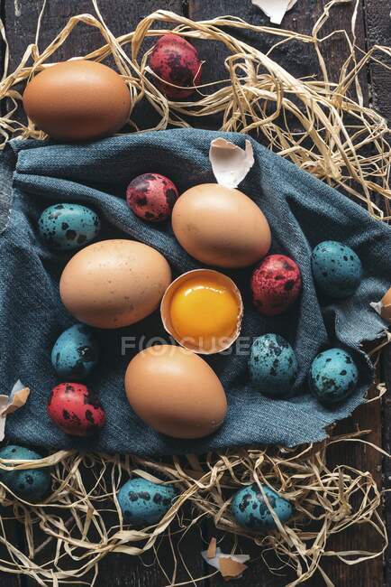 Colorful Easter eggs on wooden background — Stock Photo