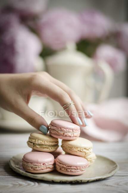 Rose e Vanilla Macarons vista de close-up — Fotografia de Stock